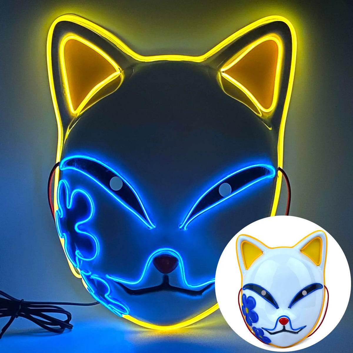 Demon Slayer LED Light-Up Mask – Glowing Anime Cat & Fox Face Cosplay Mask for Halloween, Parties & Costumes