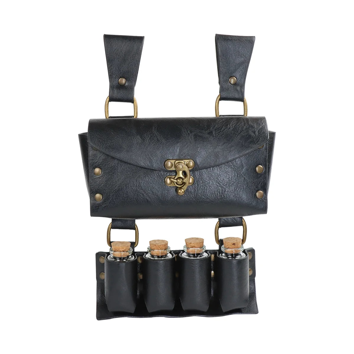 Renaissance Leather Cosplay Belt – Medieval Wizard Waist Bag with Alchemy Bottle, Cork Stopper & Copper Coin