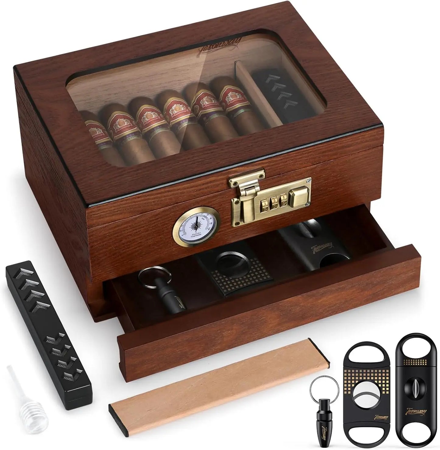 Cedar Wood Cigar Humidor – Glass Top Desktop Cigar Box with Front Hygrometer, Humidifier, Divider, and Accessories Drawer