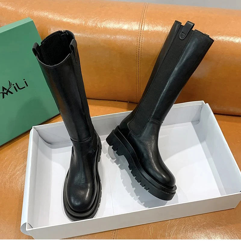 Platform Women's Knight Long Boots – Fashionable Warm Fur Knee-High Booties with Square Heels for Autumn & Winter