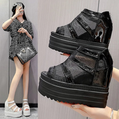 Women’s Platform Peep-Toe Mesh Sandals – Sexy Wedge Heels with Back Zipper
