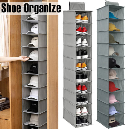 10-Layer Foldable Hanging Shoe Organizer – Non-Woven Space-Saving Shoe Rack for Home Bedroom Closet