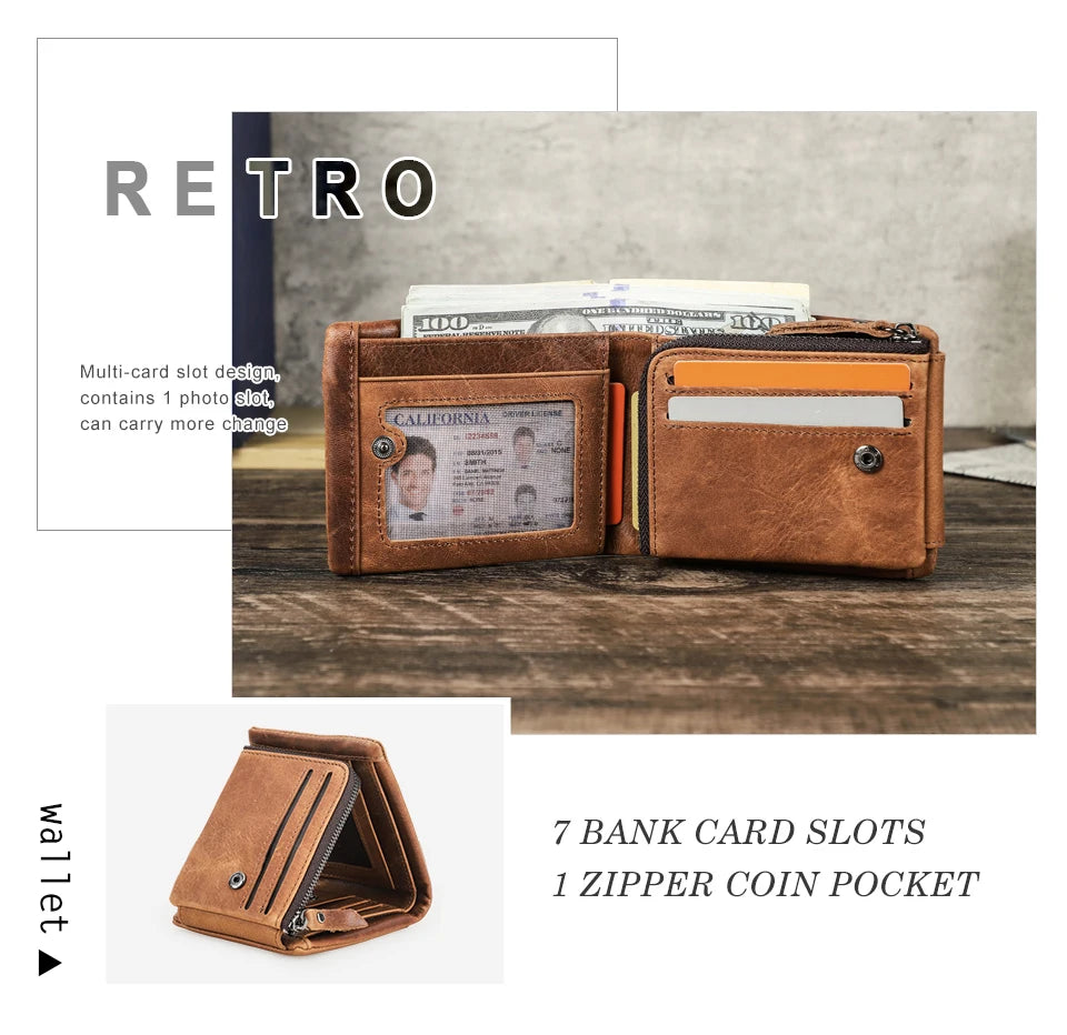 CONTACT'S Genuine Crazy Horse Leather Trifold Wallet – Vintage Men's Cowhide Wallet with Zip Coin Pocket