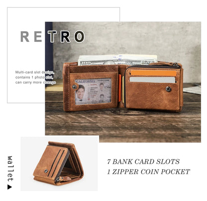 CONTACT'S Genuine Crazy Horse Leather Trifold Wallet – Vintage Men's Cowhide Wallet with Zip Coin Pocket