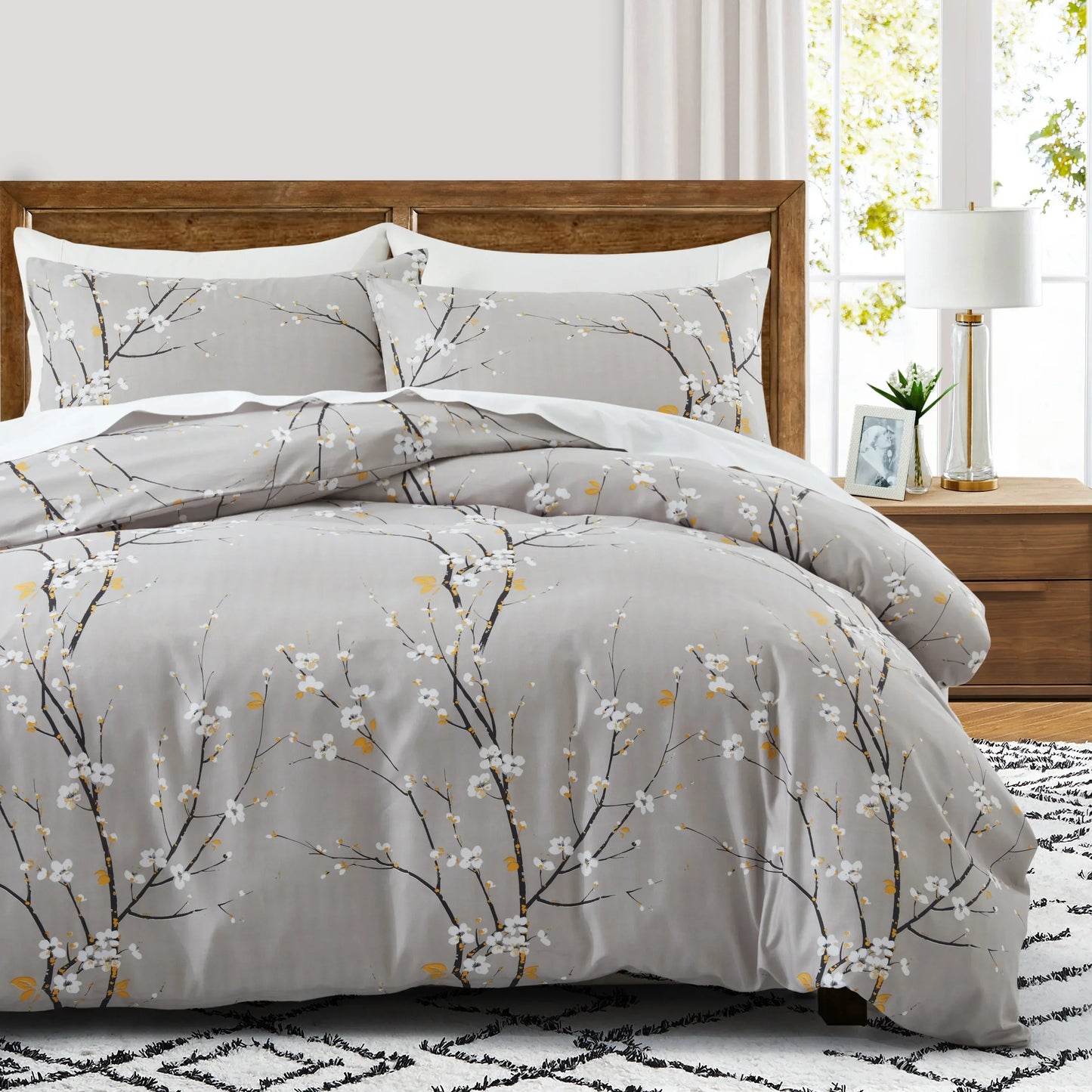 Grey Feather Duvet Cover Set – Full/Queen Boho Bedding with Soft Reversible White Comforter Cover for Kids & Teens