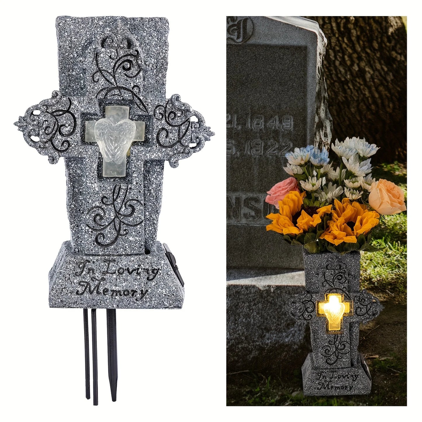 Solar LED Grave Vase – Memorial Tombstone Decoration for Fresh or Artificial Flowers