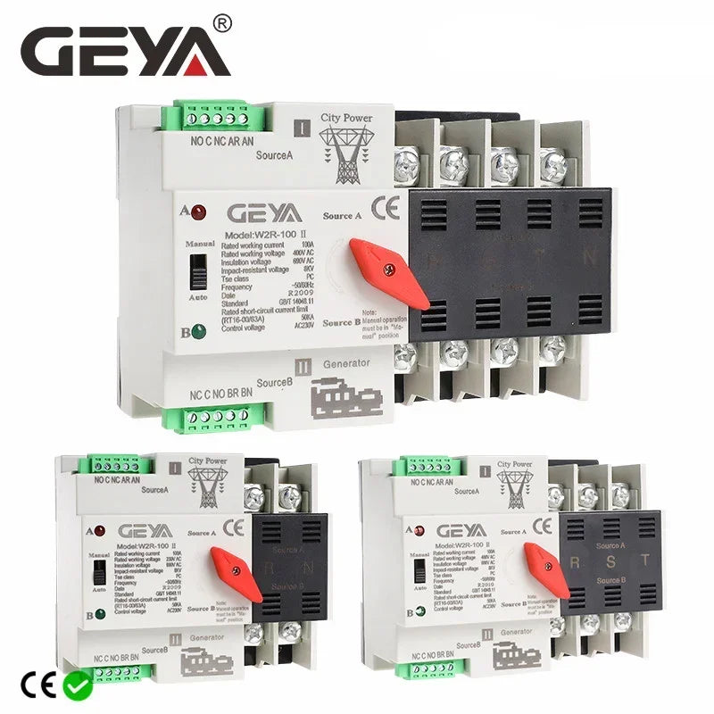 GEYA W2R Dual Power Automatic Transfer Switch - 110V 220V Household ATS Circuit Switch 63A 100A 50/60Hz Backup Power Controller
