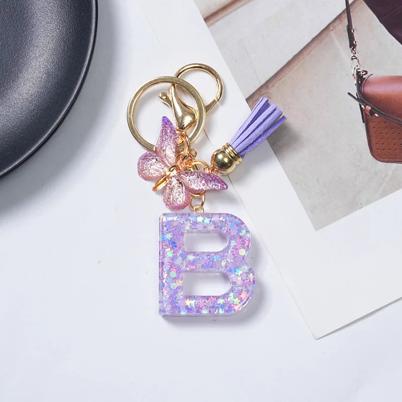 A-Z Initial Letter Sequin Keychain - Purple Butterfly Tassel Resin Keyring Backpack Charm Gift
