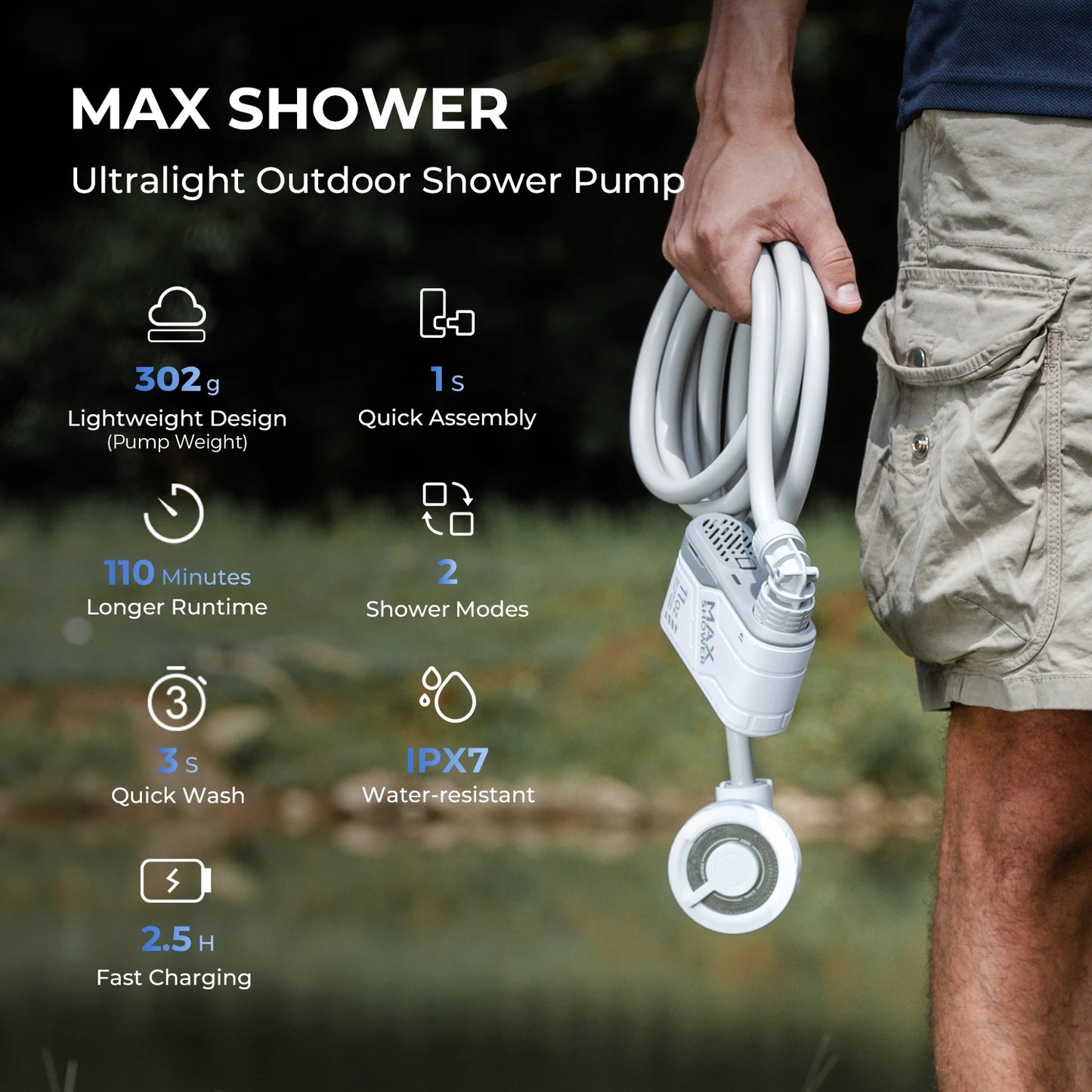 FLEXTAIL Portable Outdoor Camping Shower Pump – IPX7 Waterproof Electric Shower for Camping, Car Wash & Dishwashing (No Box)