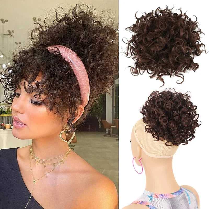 Synthetic Messy Curly Hair Bun – Short Loose Wave Updo Ponytail, Blonde Chignon Hairpiece, Heat-Resistant Extensions for Women