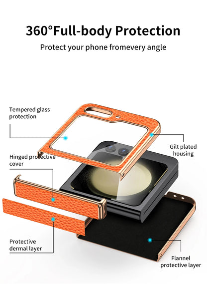 Cowhide Leather Samsung Galaxy Z Flip Case — Luxury Hinge Protection Cover with Tempered Glass for Flip 5/6/7
