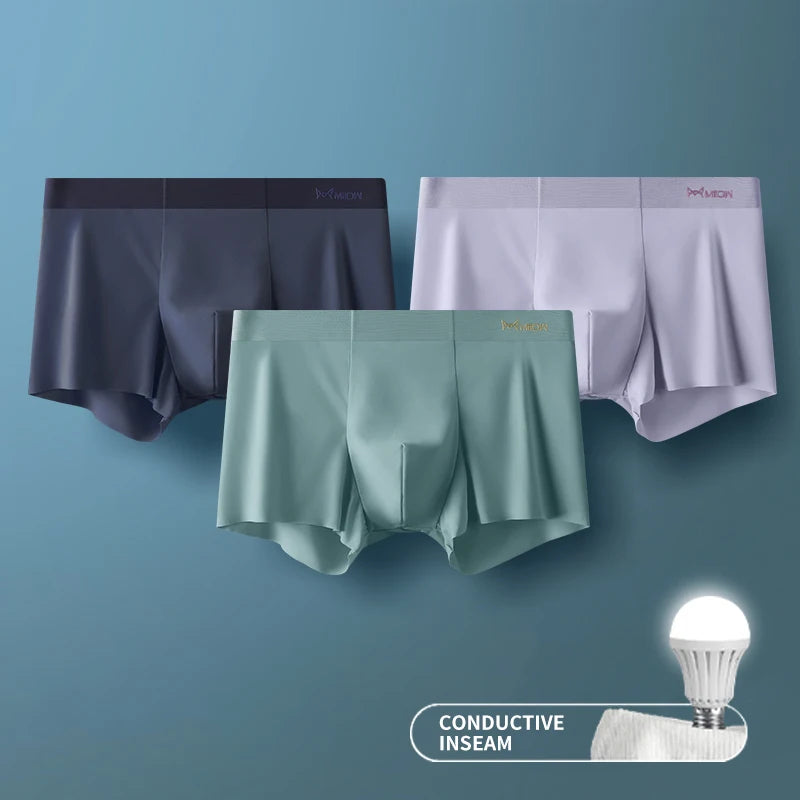 MiiOW 3-Piece Ice Silk Men's Boxer Briefs - Seamless Anti-Static Metal Fiber Comfort Underwear