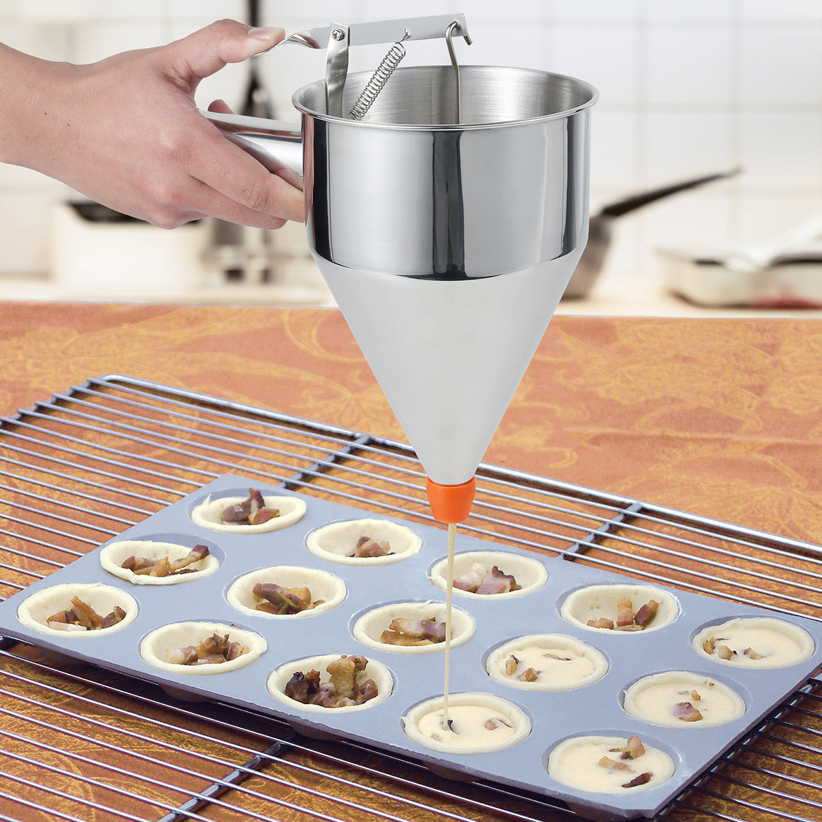 Stainless Steel Pancake Batter Dispenser with Stand – Multi-Caliber Funnel for Cupcakes & Baking Tools