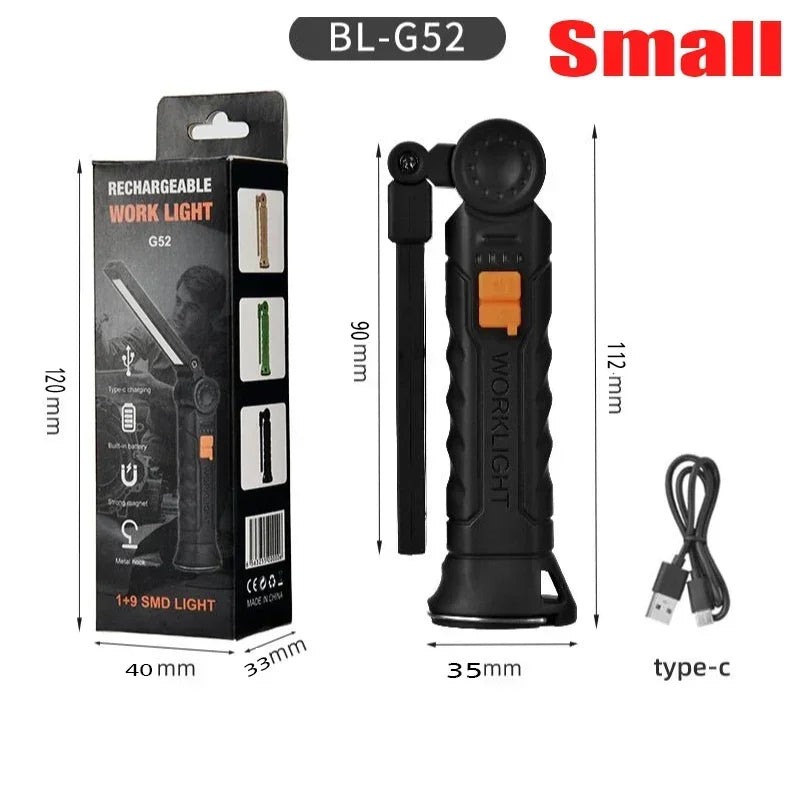 Portable COB LED Work Light - USB Rechargeable Magnetic Flashlight Camping Lantern with Hanging Hook