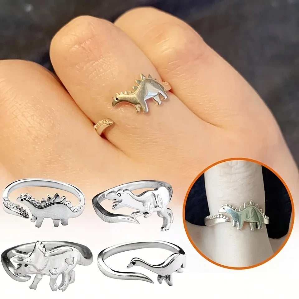 Retro Adjustable Dinosaur Ring for Women – Silver Finish Jurassic Style Statement Jewelry, Elegant & Comfortable Unisex Design