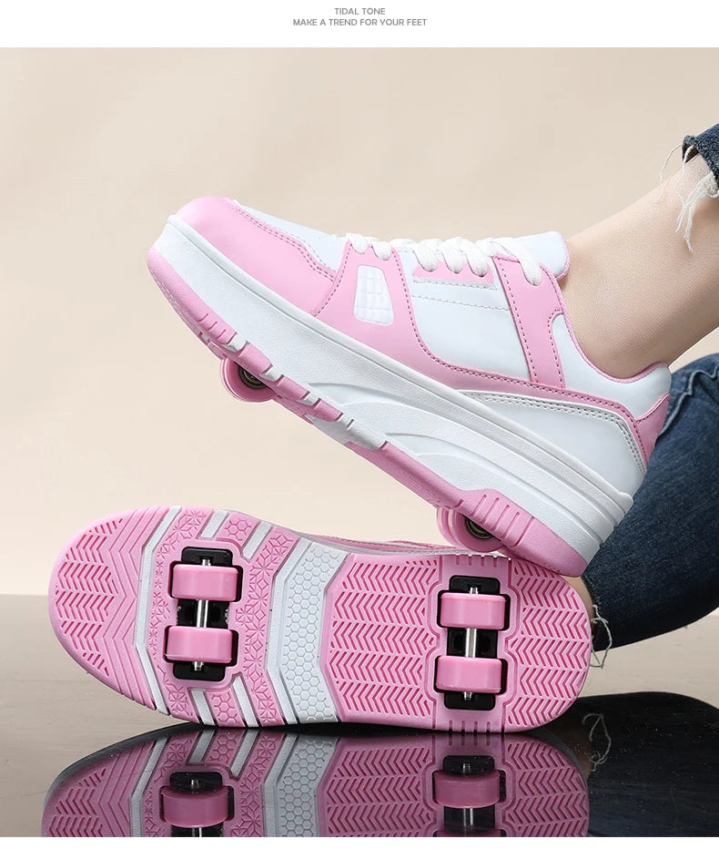 Four-Wheel Roller Shoes for Boys & Girls – Casual Outdoor Sports Sneakers with Pulleys, Slide & Shrink School Walking Shoes