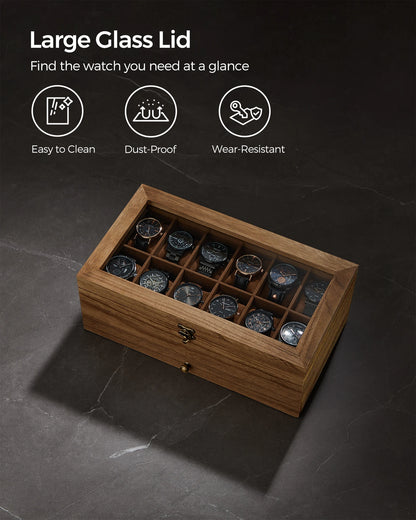 SONGMICS 12-Slot Watch Box – 2-Tier Watch Display Case with Glass Lid, Removable Pillows & Velvet Lining Jewelry Organizer