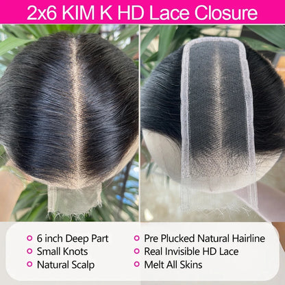 100% Real HD Lace Closure 2x6 – Pre-Plucked Human Hair, Deep Parting Straight & Body Wave