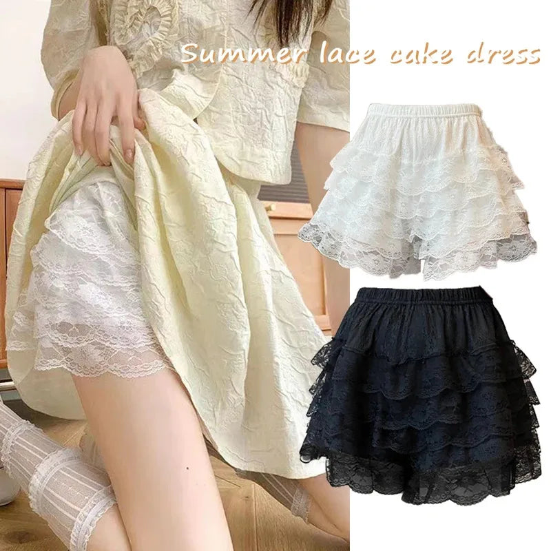 Black White Pleated Safety Shorts - Cute Lolita Vintage Ruffle Princess Underwear for Women & Girls