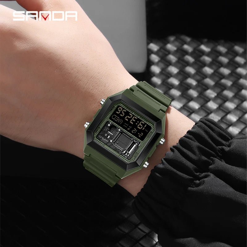 SANDA 6216 Men's Digital Sport Watch - Square LED Display, Waterproof Alarm & Stopwatch