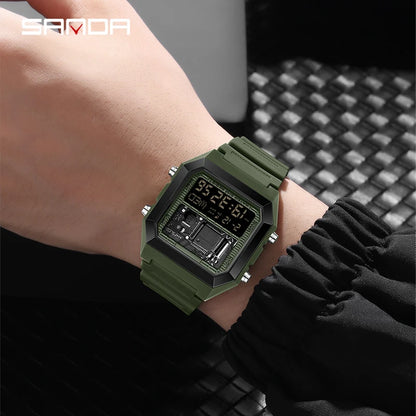 SANDA 6216 Men's Digital Sport Watch - Square LED Display, Waterproof Alarm & Stopwatch