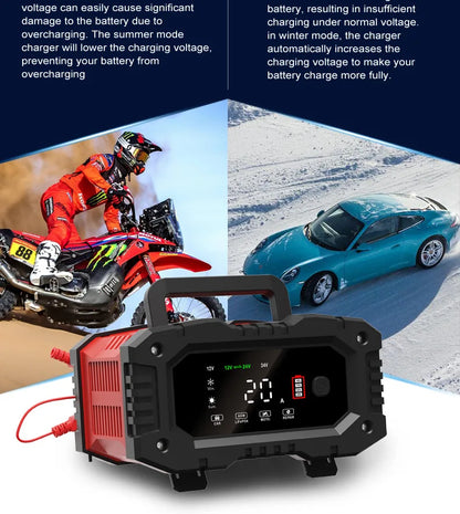 12V/24V Fully Automatic Smart Battery Charger — 7-Segment Pulse Repair for AGM, GEL, WET Lead-Acid Car Batteries