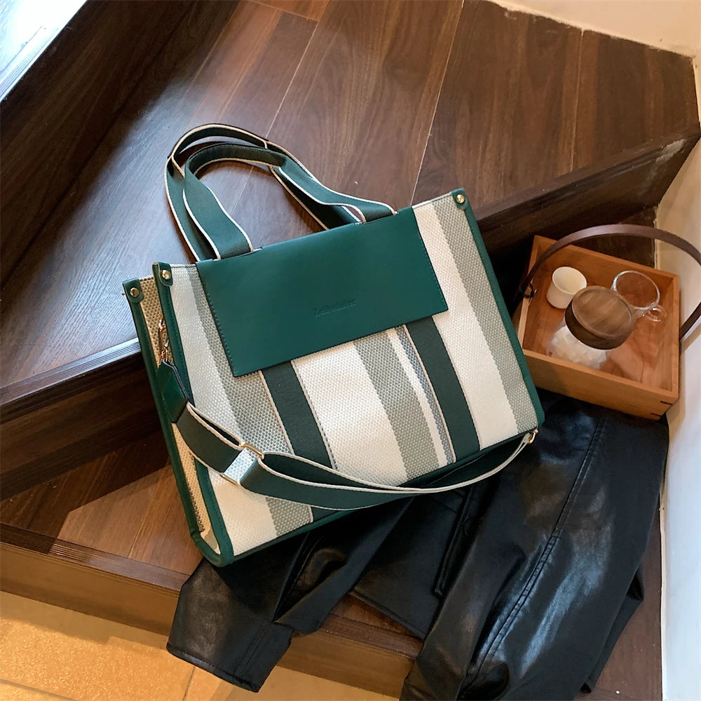 MOODS Quality Canvas Tote Bag for Women 2023 – Luxury Designer Handbag, Contrast Color Striped, Big Shoulder Crossbody Shopper Totes