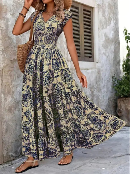2025 Vintage Printed V-Neck Dress – Elegant Short-Sleeve Jumpsuit with Long Skirt for Women