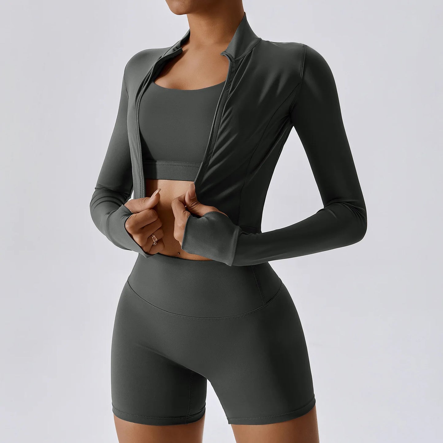 3PCS Women’s Yoga & Workout Set – Long Sleeve Zipper Top with High Waist Leggings Fitness Sportswear