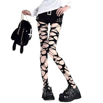 Gothic Punk Fishnet Stockings - Y2K Black Distressed Hole Pantyhose for Women