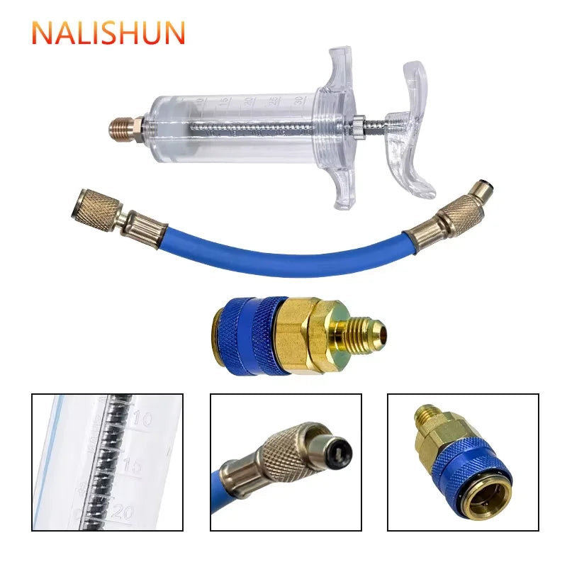 Car A/C Oil & Dye Injector 30ml - R-134a Refrigerant Filling Tool with 1/4 SAE Quick Coupler Adapter