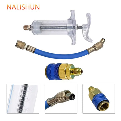 Car A/C Oil & Dye Injector 30ml - R-134a Refrigerant Filling Tool with 1/4 SAE Quick Coupler Adapter