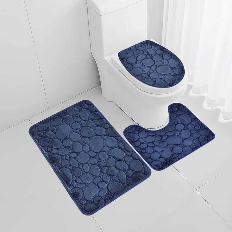 Solid Color Simple Bathroom Mat Set - Water-Absorbing, Non-Slip Stone Pattern, Comfortable & Soft (3PC)