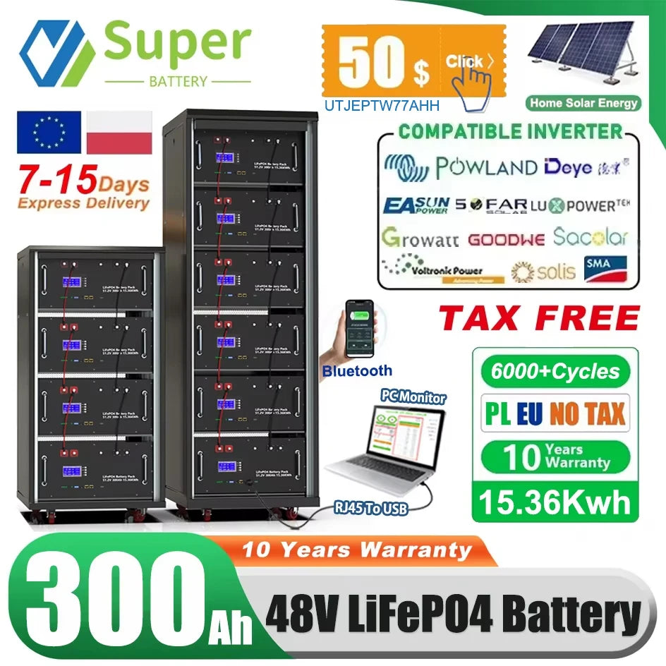 LiFePO4 48V 300Ah 15kWh Battery Pack – 6000+ Cycles, Bluetooth, RS485 CAN BMS, 51.2V Options, EU Stock