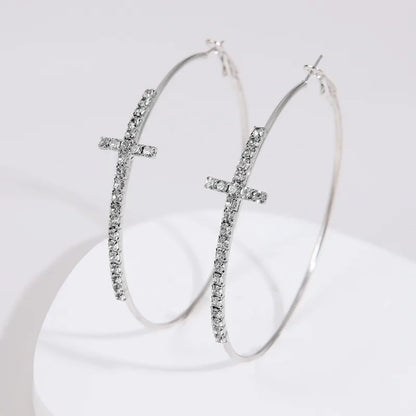 Women’s Shiny Large Circle Cross Hoop Earrings – Rhinestone Geometric High-End Fashion Jewelry
