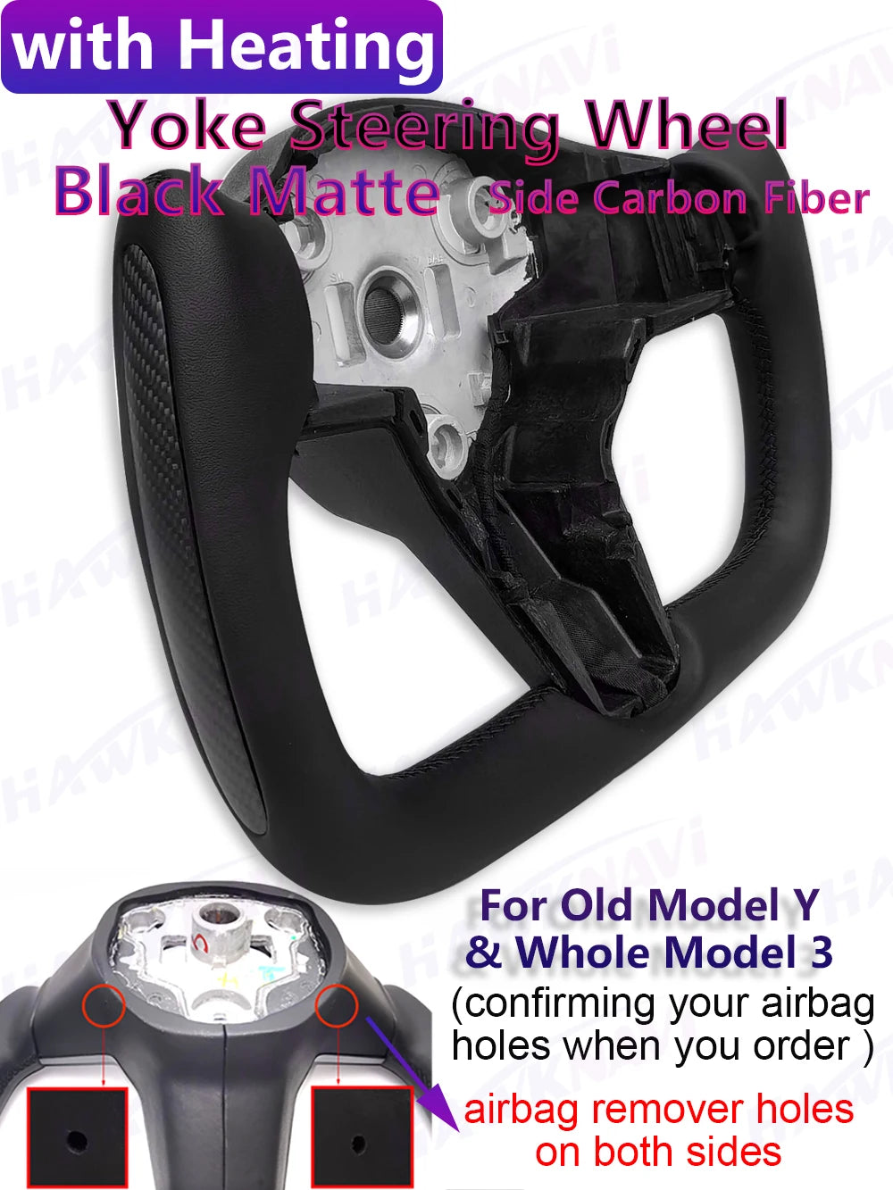 Hawknavi 350mm Yoke Steering Wheel – Leather Racing Style for Tesla Model 3 & Model Y, Heated Optional, White & Black