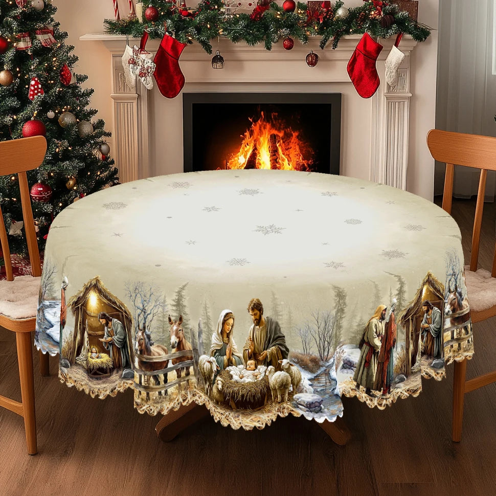 Christmas Nativity Scene Tablecloth – Yule Home Party Decor for Indoor & Outdoor, Round & Rectangular Tables