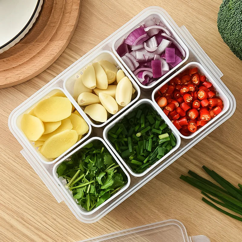 Refrigerator Storage Box – 4/6 Grid Clear Crisper for Fruits, Vegetables & Meat