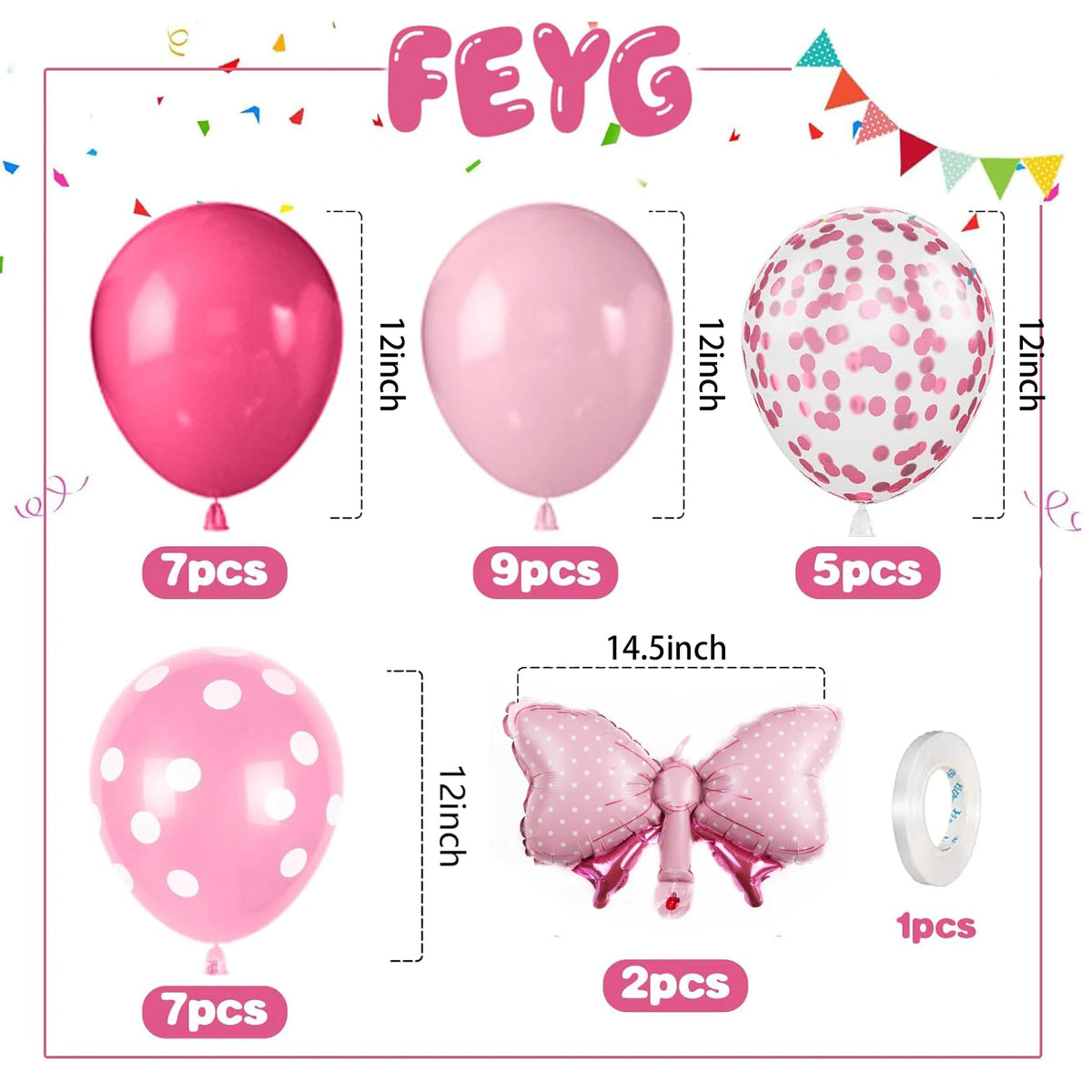 31-Piece Pink Bow Balloon Set - Hot Pink Foil and Rose Dot Confetti Balloons with Ribbon for Girls’ Birthdays and Baby Showers