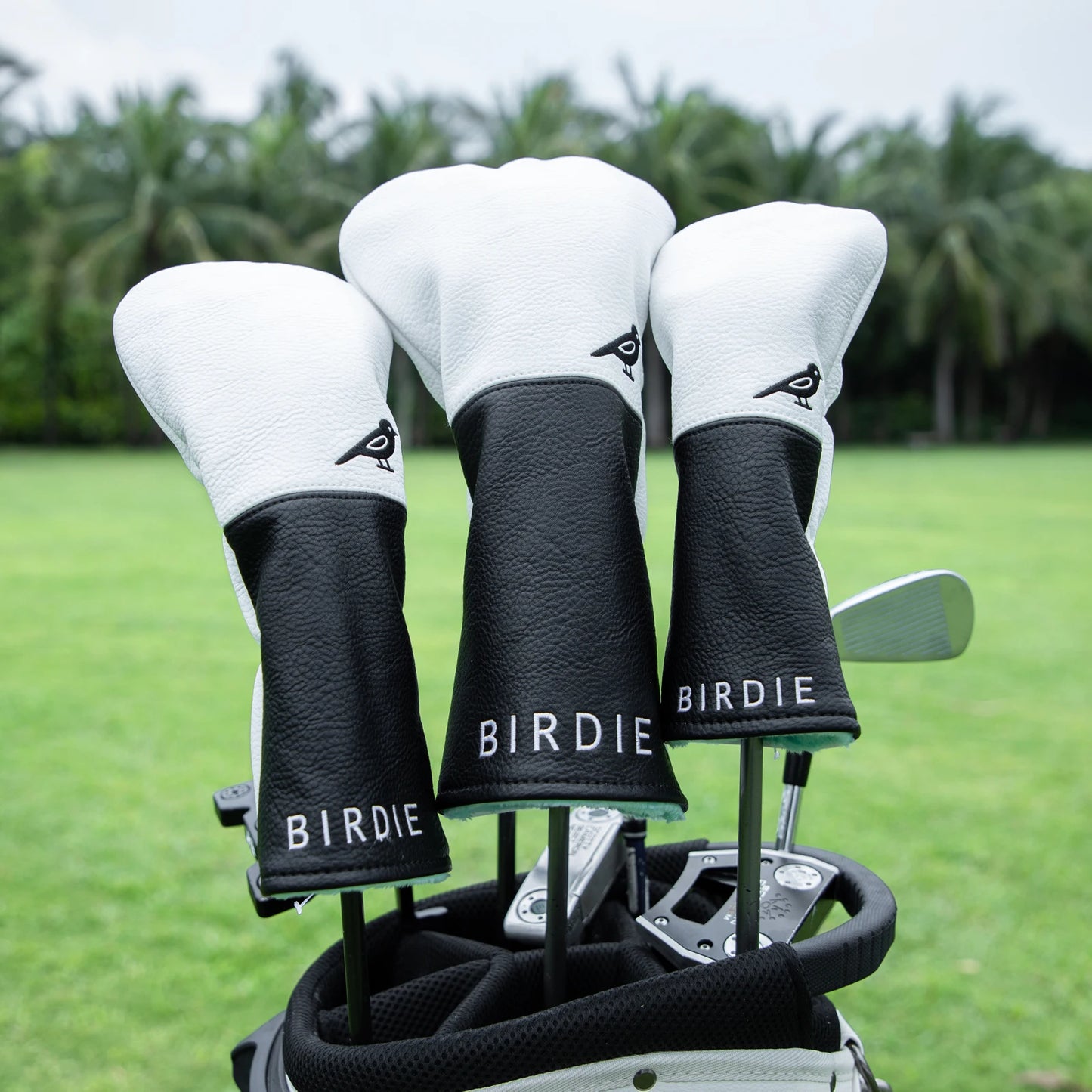 White Premium Leather Birdie Golf Head Cover – Elegant Embroidery for Driver, Fairway Wood & Hybrid Clubs