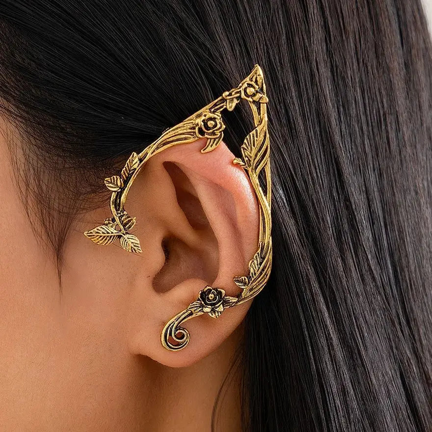 Gold Elf Flower Leaf Ear Cuffs - Fairy-Inspired Clip-On Earrings for Women & Girls