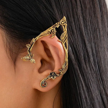 Gold Elf Flower Leaf Ear Cuffs - Fairy-Inspired Clip-On Earrings for Women & Girls