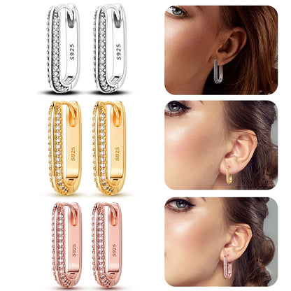 2024 New 925 Sterling Silver Rectangular Hoop Earrings with Zircon - Golden Luxury Wedding Gift for Women