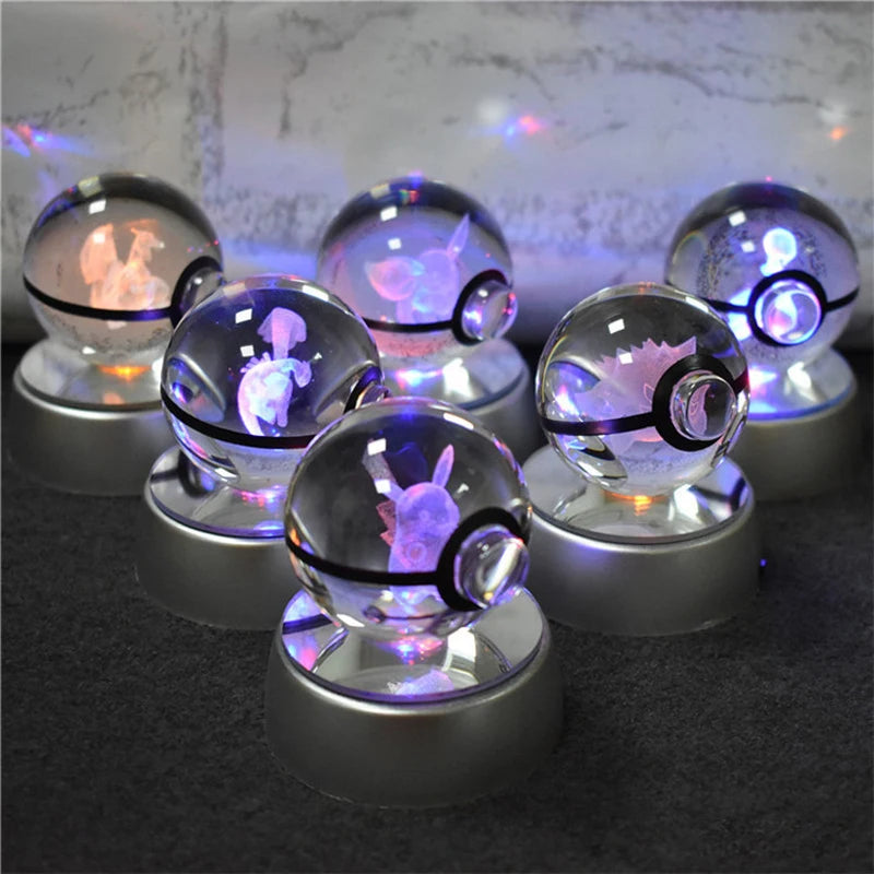 Pokemon 3D Crystal Ball Figurine — Pikachu, Gengar, Mew, Mewtwo Glass Statue with Lamp Base, Kids Birthday Gift