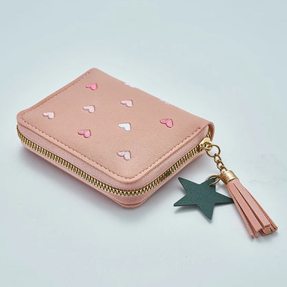 Pu Leather Mini Wallet for Women - Multifunctional Money Clip with Love Embroidery and Certificate Storage