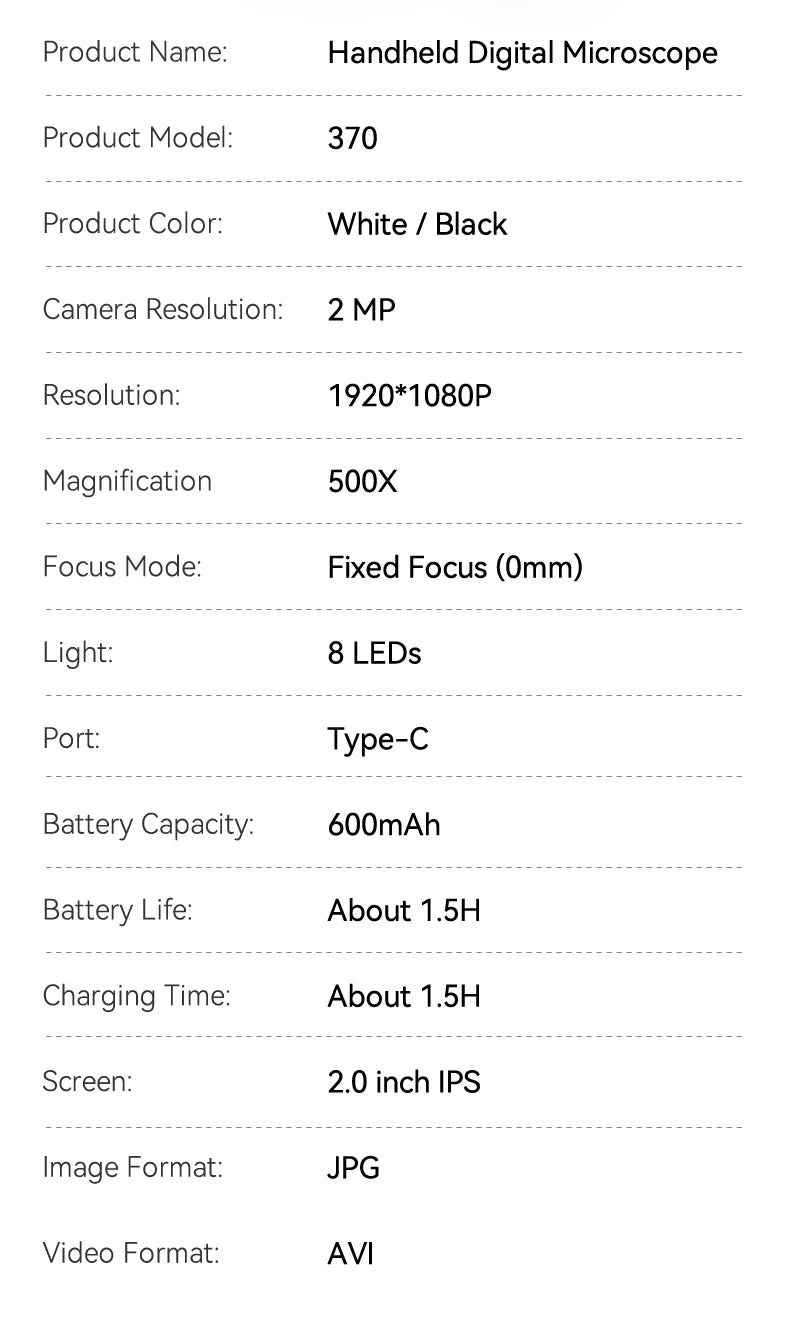 2.0 Inch 500X Digital Microscope - 1080P Video Coin Microscope with Magnifying Glass & 8 LEDs, for Electronics Repair, Windows/Mac