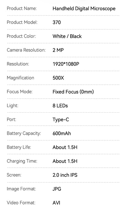 2.0 Inch 500X Digital Microscope - 1080P Video Coin Microscope with Magnifying Glass & 8 LEDs, for Electronics Repair, Windows/Mac