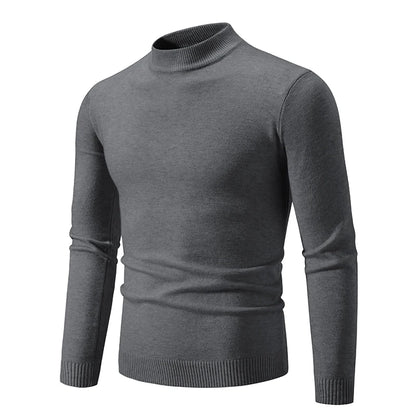 Autumn Men's Half High Neck Sweater - Basic Solid Color Slim Fit, Versatile Casual Knitwear with Elastic Round Neck Design