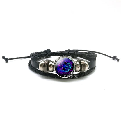 Men’s Zodiac Sign Leather Bracelet | 12 Constellation Black Braided Wrap | Punk Style Multilayer Bracelet for Birthday Gifts
