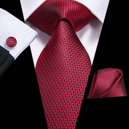 Hi-Tie Red Burgundy Plaid Silk Tie Set — Designer Men’s Necktie with Handkerchief & Cufflinks for Wedding or Business